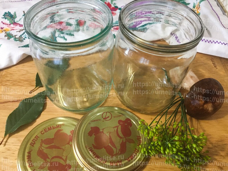 Маринованные белые грибы с веточкой вишни и укропом